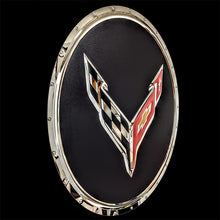 CORVETTE C8 FLAGS BADGE CHROME EMBOSSED 22" ROUND GARAGE SIGN